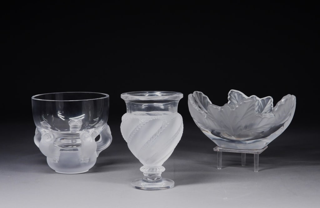 3PC Lalique Art Glass Vase & Bowls: France,Early 20th Century Includes an Ermenonville vase, a Compiegne bowl, and a Hiboux bowl. Lalique was founded in 1888 by renowned jeweler and glassmaker Rene Lalique who got his start freelancing 