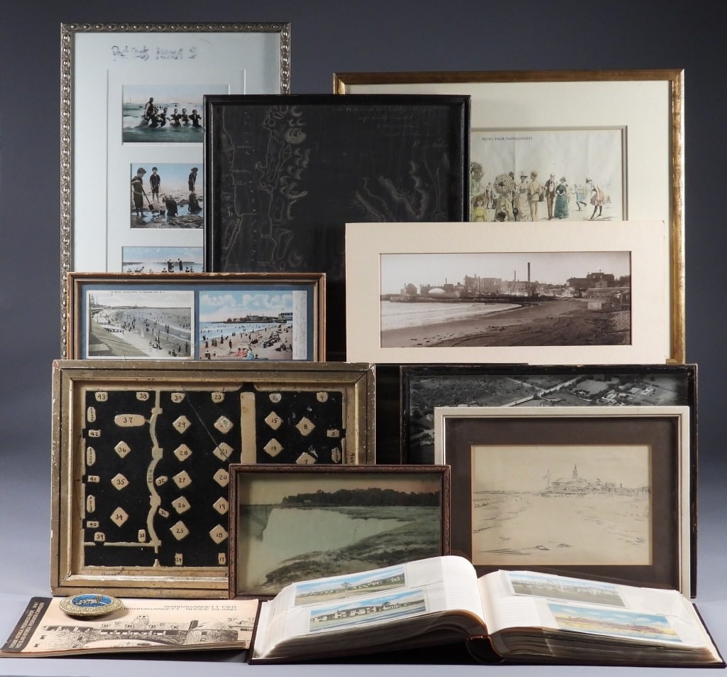 LG Narragansett Rhode Island Ephemera Collection: Rhode Island,19th Century Includes maps, Narragansett Pier post cards, lithographs, photographs, a Point Judith Country Club pin originating from Rhode Island, and an unusual pottery seating chart whi
