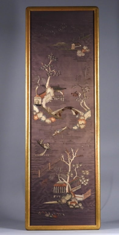 Chinese Qing Dynasty Embroidered Silk Textile: China,Qing Dynasty Depicts a polychromatic river village with fisherman casting nets from boats over black field. Embroidery in China can be traced back to the Neolithic period, but reached it's peak 