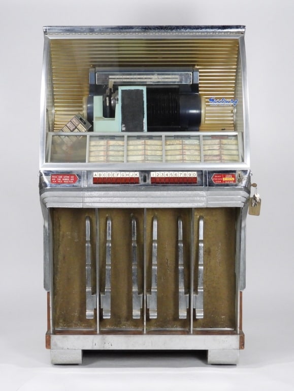 Seeburg High Fidelity Model HF100R Jukebox: United States,20th Century Circa 1954 Seeburg Selectomatic jukebox Model HF100R. Metal, glass,Approx. 58 1/2" t x 35 /5" w x 26" d. Model HF100R From the collection of a Woonsocket, Rhode Island estat