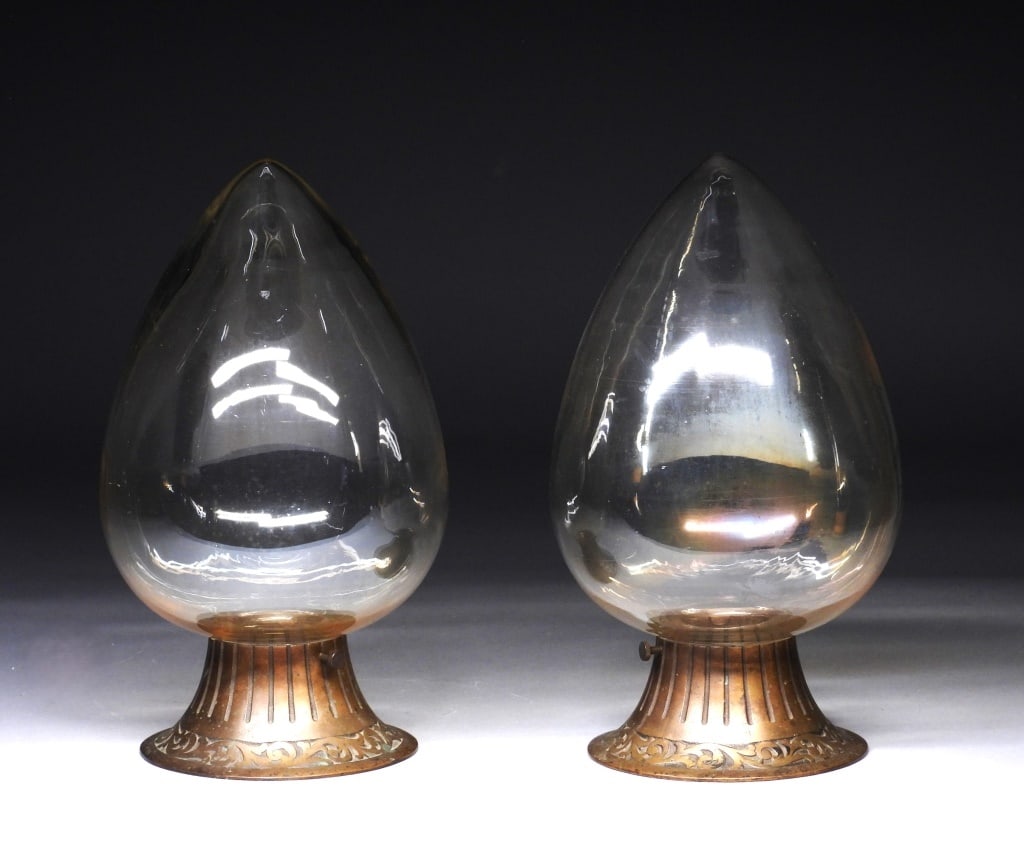 PR Antique Dorin Selles Apothecary Show Globes: United States,Late 19th Century Teardrop shaped glass globes over flared metal bases. Glass, metal,Approx. 14" x 7" dia.. Marked "MFG by Dorin Selles N.Y.C." on bottom. From the collection of a Cranst