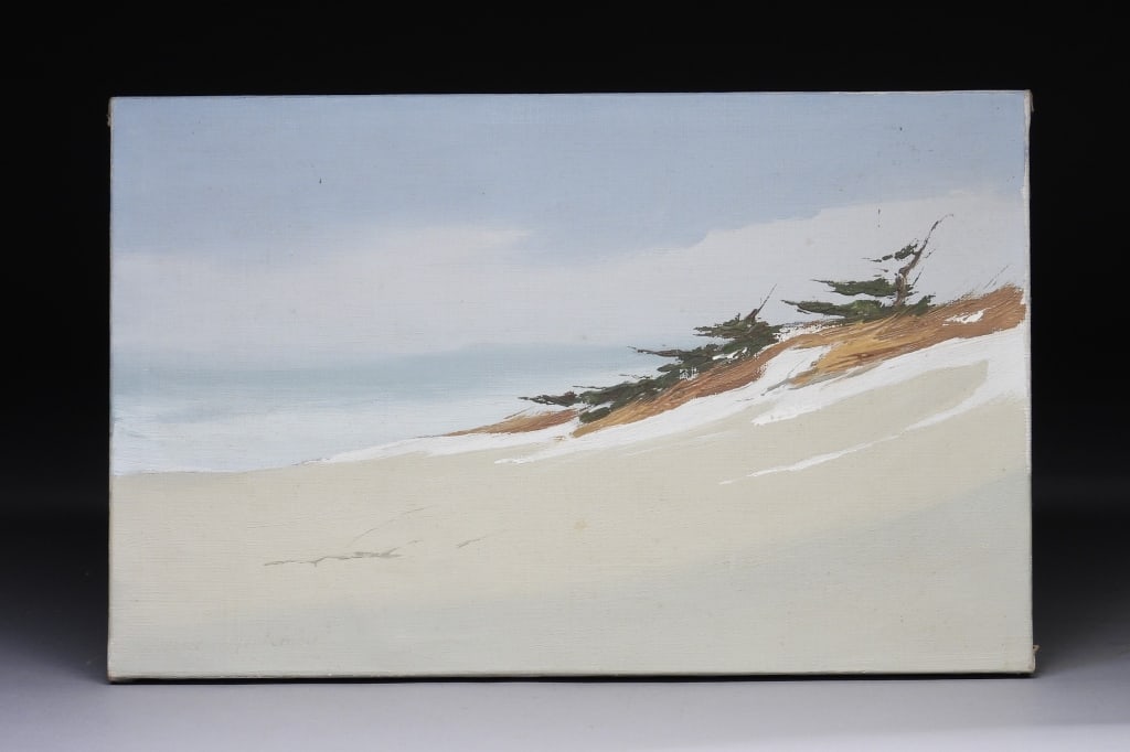 John Mulcahy Provincetown Landscape Painting: Massachusetts,1931-2012 Outer Cape style landscape painting titled "Winter Silence" depicting coniferous trees and sand covered shores with a thin blanket of snow. Mulcahy mixes Abstract Expressionism