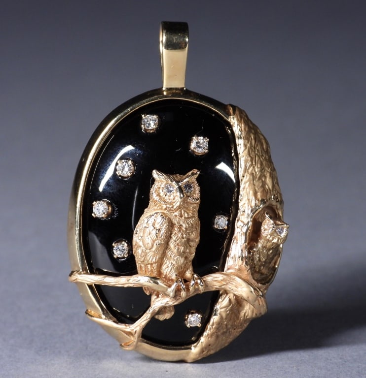 14K Gold Diamond Onyx Estate Owl Pendant: , Onyx cabochon pendant studded with seven 2.2mm diamonds with a 14K yellow gold owl and owlet overlay inlaid with two 1mm and two .8mm diamonds totaling approximately .29ctw. Weight of pendant as sit