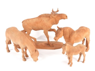 4PC 19C. American Carved Wood Horse Moose Figures