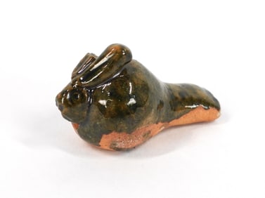 19C New England Green Glaze Redware Rabbit Whistle