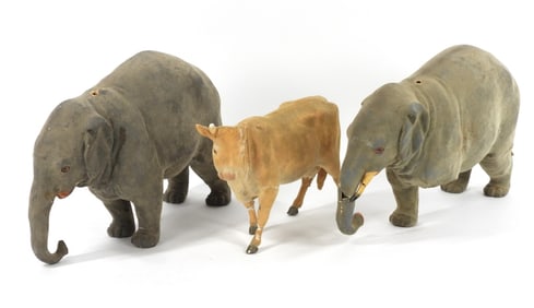 3PC Early French Papier Mache Elephant Cow Toys