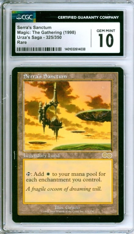 1998 Magic Urza's Saga Serra's Sanctum CGC 10: United States,1998 1998 Magic: The Gathering Urza's Saga Serra's Sanctum trading card, CGC 10 GEM MINT. CGC case 5 1/4" x 3 1/8".