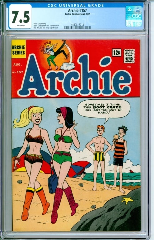 Archie Publications Archie #157 CGC 7.5: United States,1965 Archie Publications Archie issue 157 from August, 1965. The book featured cover art by Dan DeCarlo and Rudy Lapick. CGC 7.5 w/ White Pages CGC case 13" x 8". 4430817018