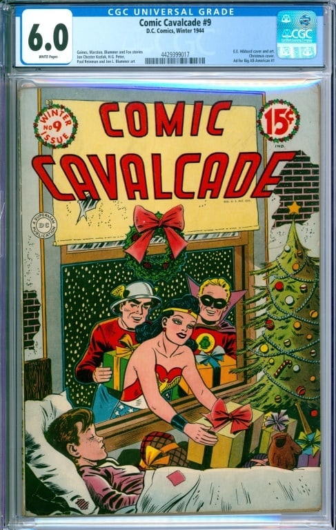 DC Comics Comic Cavalcade #9 CGC 6.0: United States,1944 D.C. Comics Comic Cavalcade issue 9 from Winter, 1944. The book featured a Christmas cover by E.E. Hibbard and an ad for Big All-American #1. CGC 6.0 w/ White Pages CGC case 13" x 8