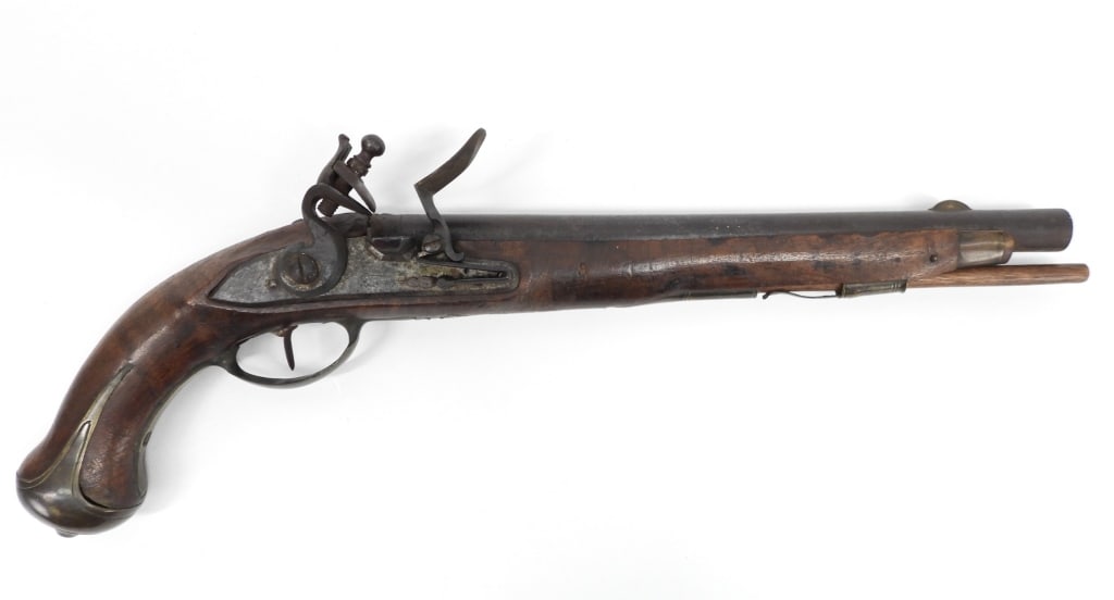 Germanic Flintlock Pistol: C. 1750 .68 bore, NSN, walnut stock with an "N" stamped on the left side next to the barrel tang, brass fittings, unmarked flat lock plate with beveled edges, marked "ZB" or "ZE" on the left side of t