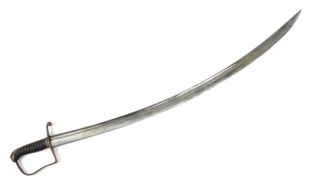 Brass-Hilted Militia Sword: Europe C. early 19th century Brass hilt, a leather-wrapped wooden grip, and a steel blade with a wide fuller. Blade lg. 33 3/8".Overall lg. 38 1/4"