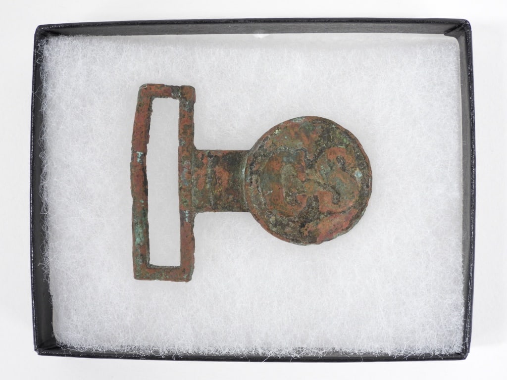 Confederate CS Belt Plate Tongue: United States C. 1861-65 Cast-brass tongue from a two-piece brass buckle with "CS" in the disc. Overall lg. 2 5/16". Found outside of Richmond.
