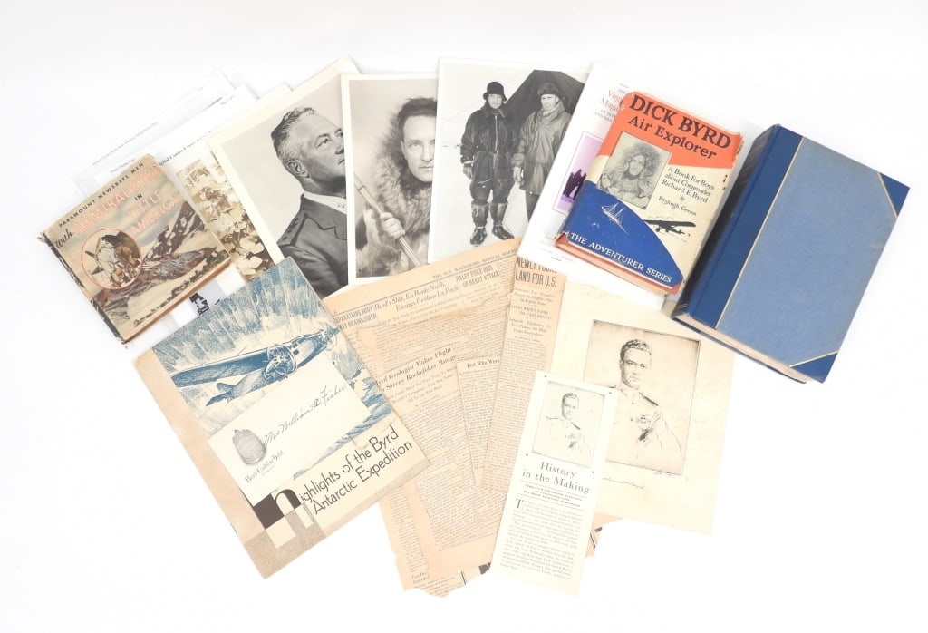 Richard Byrd-related Books and Images: United States A signed copy of Skyward by Richard E. Byrd number 457 out of 500, with pieces of cloth from his plane; a copy of With Admiral Byrd in Little America, a copy of Dick Byrd Air Explorer, a