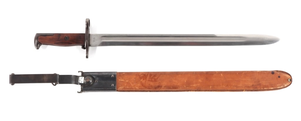 U.S. Model 1905 USS Virginia-marked Bayonet: United States C. 1906-10 Blued hilt, walnut grips marked "USS VIRGINIA BB 13" on one side, and an anchor on the other, ricasso marked US" on one side, and R.I.A./1906" with an ordnance bomb on the oth
