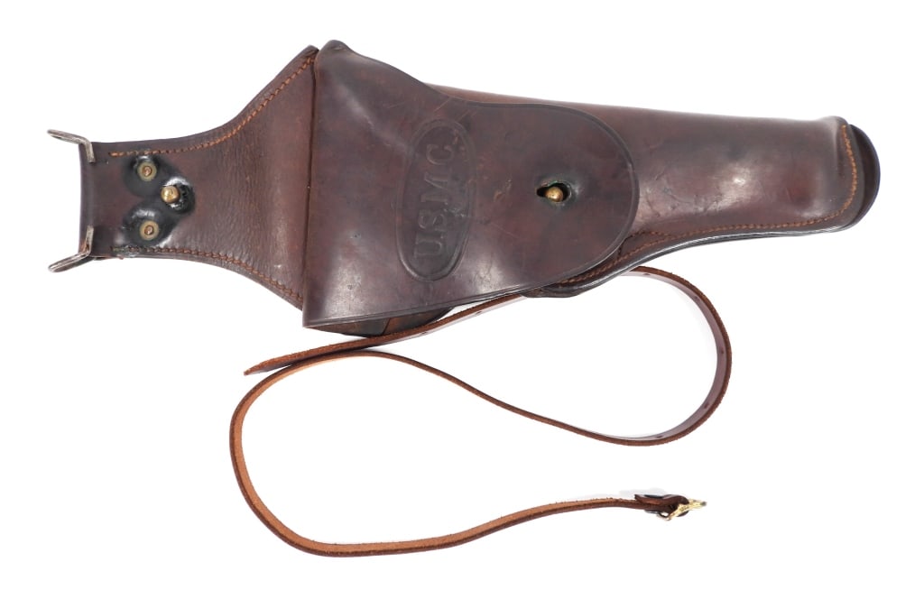WWI USMC Dismounted 1911 Holster: United States Russet brown 1911 pistol holster marked on the flap "USMC", with brass rivets and a brass belt hook. Overall lg. 15 1/4".