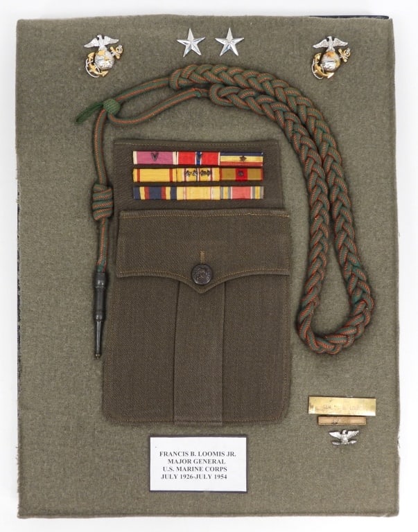 Identified USMC and US Navy Insignia Group: United States A Riker mount with the insignia of U.S. Marine Corps Major General Francis B. Loomis Jr., 1926-1954, with a pocket, ribbon bars, Croix de Guerre fourragere, two Major General stars, two 