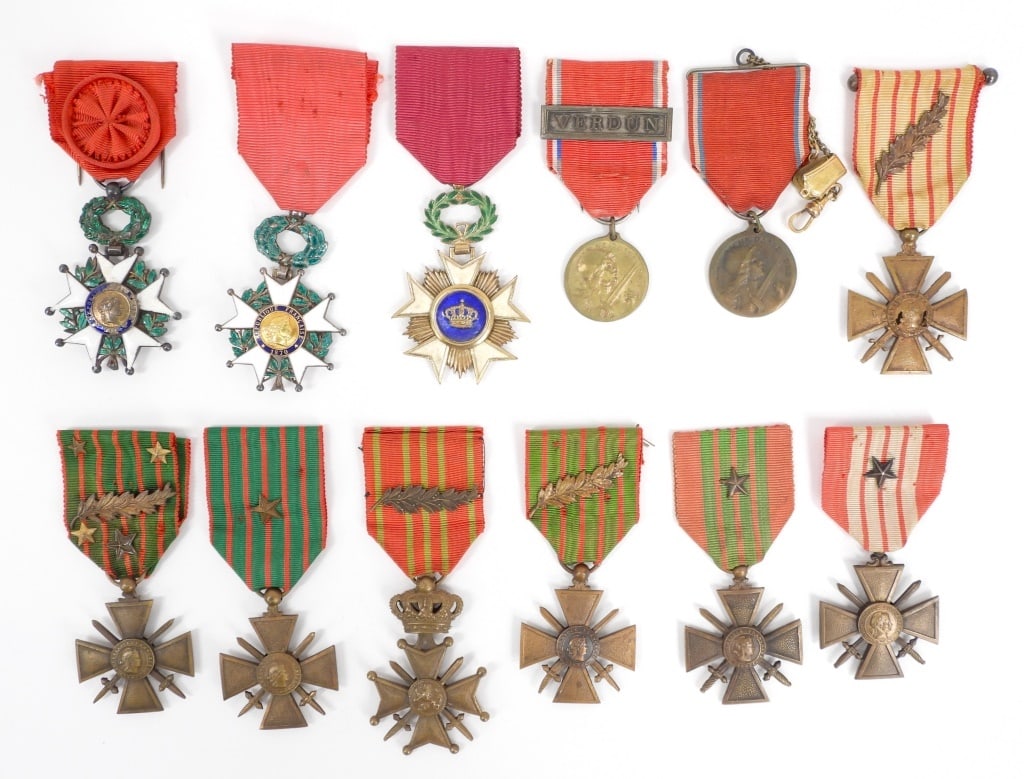 Group of WWI French and Belgian Medals: France Six War Crosses; two Legion of Honor medals; a Belgian War Cross; a Belgian Order of the Crown; and two Battle of Verdun medals.