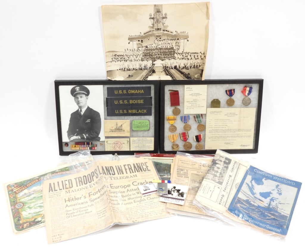 Medals and Documents of Ensign Frank R. Hankey: United States C. 1930s-40s Pieces of cap tally's from the U.S.S. Omaha; U.S.S. Boise; and the U.S.S. Niblack; a picture of Ensign Hankey; "Domain of Neptunus Rex" cards, ribbon bars; an Asiatic Fleet 