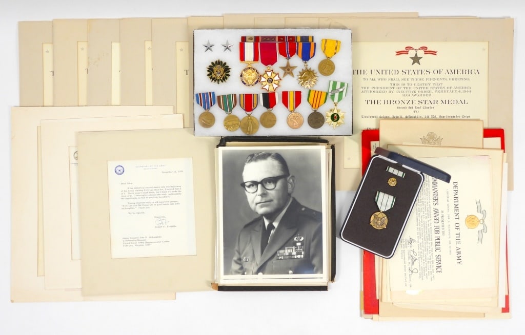 Medals and Images of LTG John D. McLaughlin: United States C. 1942-1974 A cased Department of the Army Commander's Award for Public Service; two General's stars; a Bronze Star with two Oak Leaf Clusters and award certificates; a Legion of Merit 