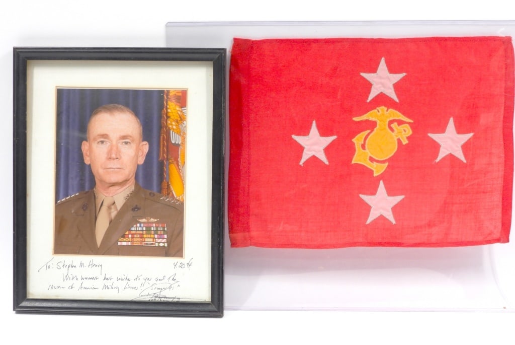 U.S. Marine Corps Commandant Picture and Flag: United States Signed image of General Paul X. Kelley, Commandant of the U.S. Marine Corps from 1983-1987, with a red wool bunting flag with a yellow eagle, globe, and anchor sewn on, and four white st
