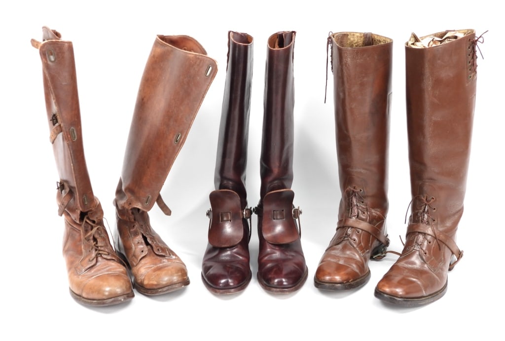 Three Pairs of WWI-era Officer's Boots: United States A pair of tall brown leather boots with spurs identified to Samuel G. Waller, Adjutant General of Virginia; a pair of brown leather officer's boots with three closure straps; and a pair 