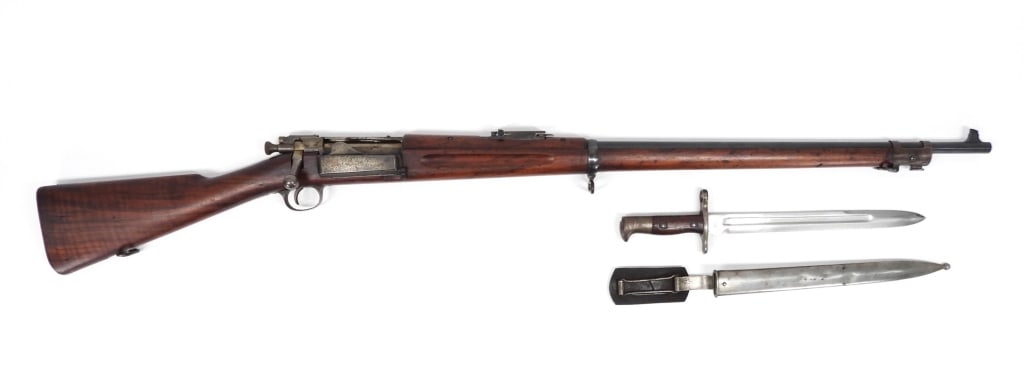 U.S. Model 1898 Krag-Jorgensen Rifle and Bayonet: United States C. 1901 .30-40 caliber, serial number 117723, walnut stock with a crisp cartouche on the left side, and a circle 'P" below the trigger guard tang, blued finish, marked on the left side o
