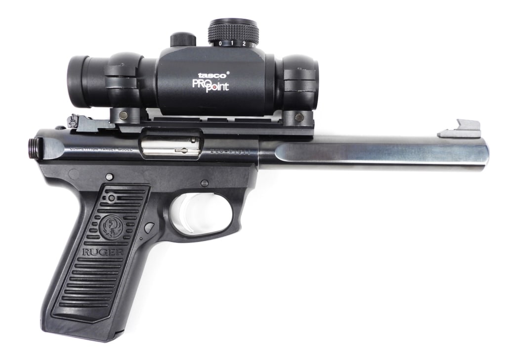 Ruger 22/45 Competition Target Pistol: United States .22 LR caliber, serial number 220-81311, black composite grip and frame, blued receiver and barrel, marked on the left side of the receiver "RUGER 22/45 .22 CAL. LONG RIFLE/TARGET", and