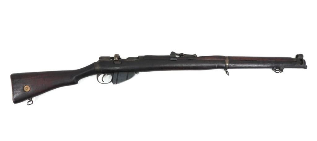 WWI BSA SMLE No. 1 Mk III* Rifle: England C. 1918 .303 caliber, serial number J22204, walnut stock, collar marked with a crown over "G.R./B.S.A. CO/1918/SHT L.E./III*", missing the bolt. Note: FFL/C & R Barrel lg. 25".Overall lg. 44 1