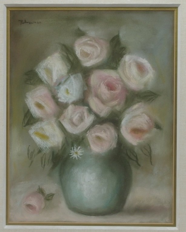 Signed Floral Roses Still Life Painting: Illegibly Signed, 20TH CENTURYA pastel on paper still life painting of roses in a vase upon a table top. It is signed upper left corner, illegibly signed by artist. Dimensions:Site size: 14 3/4" by 11