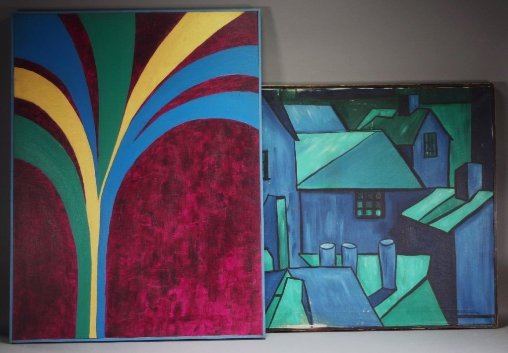 2 Karen Arakalian Abstract Impasto Paintings: ARMENIA, 20TH CENTURYTwo oil on canvas paintings depicting abstract designs. House design is signed lower right and larger is signed on verso. Dimensions: Notes:We Offer Shipping! Provenance:From a co
