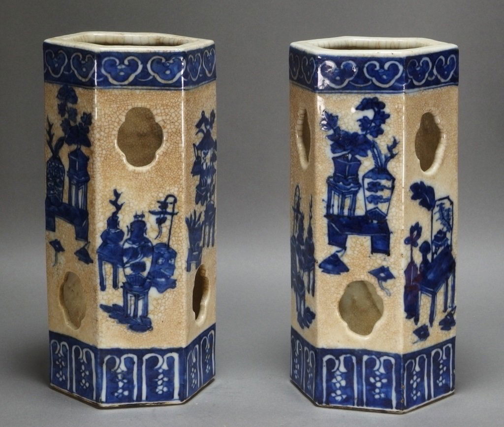 Pair Chinese Blue & White Porcelain Hat Stand Vase (1 of 10)