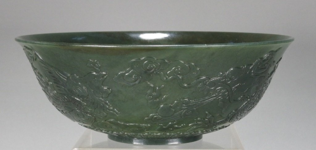 Signed Chinese Spinach Jade Bowl w Dragon & Pearl (1 of 10)
