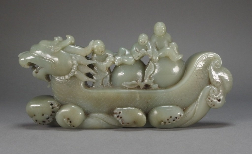 Chinese Carved Celadon Jade Dragon Boat w Figures (1 of 9)