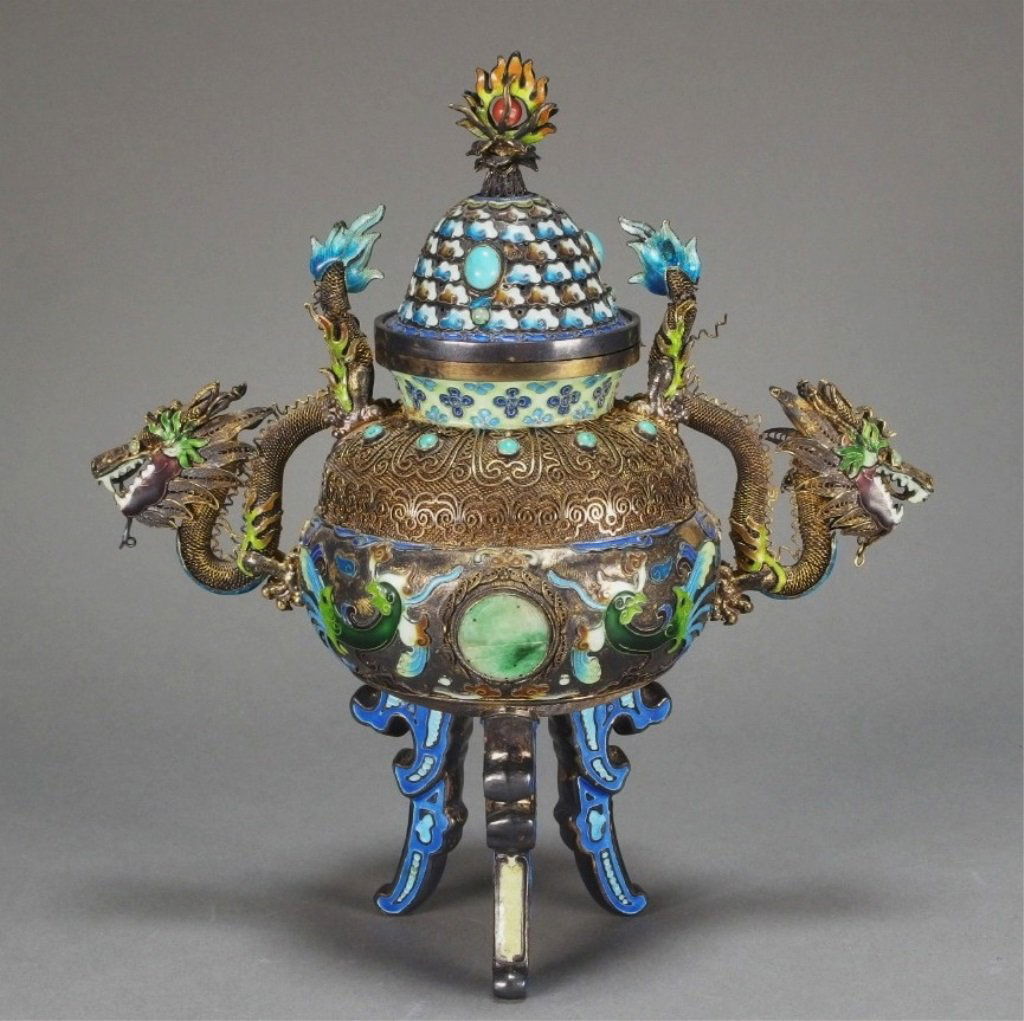 Chinese Silver Filigree Dragon Handle Censer (1 of 10)