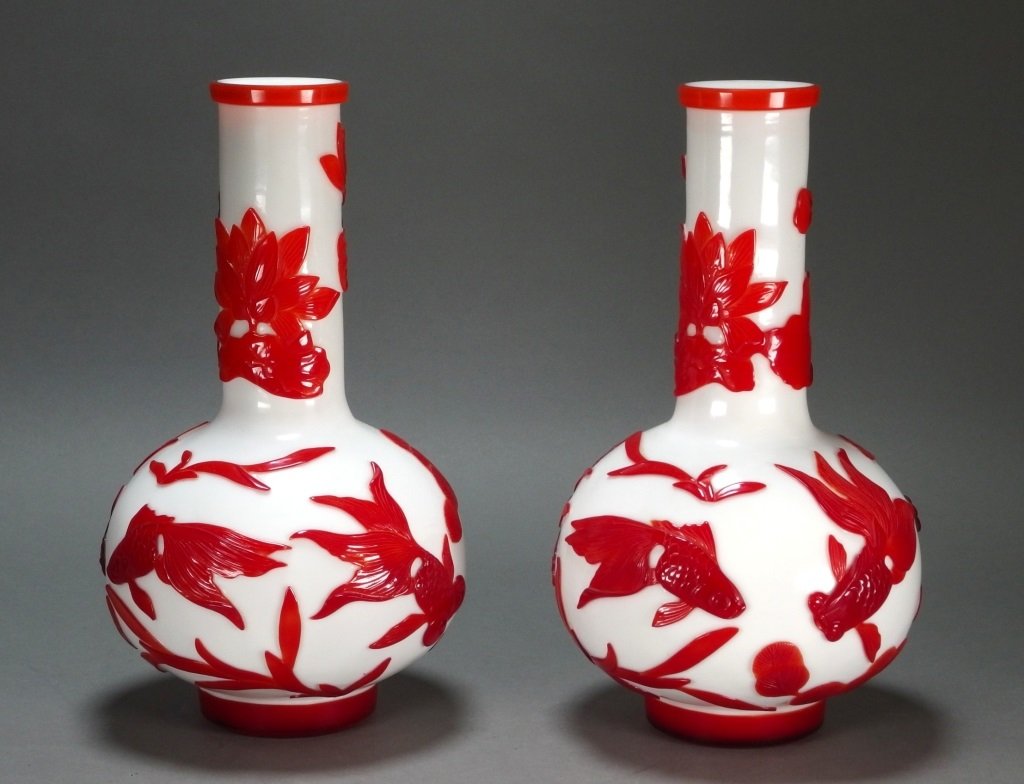Pair Chinese Peking Cameo Glass Koi & Lily Vases (1 of 10)