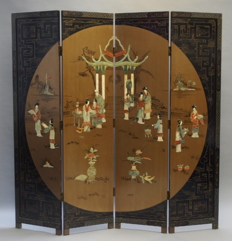 Chinese Carved Lacquer Soapstone Dividing Screen: CHINA, 20TH CENTURYCarved lacquer and soapstone dividing room screen depicting figures in a court scene. The reverse depicting a seasonal array of painted landscapes. Dimensions:72" tall by 72" wide N