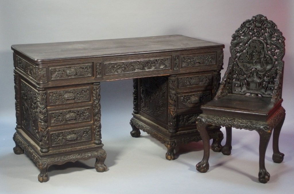 Chinese Carved Hardwood Elaborate Desk & Chair (1 of 8)