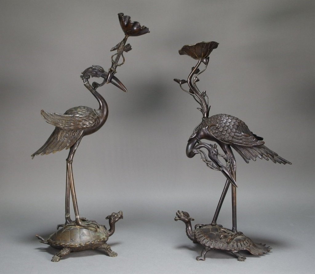 PR Japanese Bronze Crane & Turtle Candlesticks (1 of 10)
