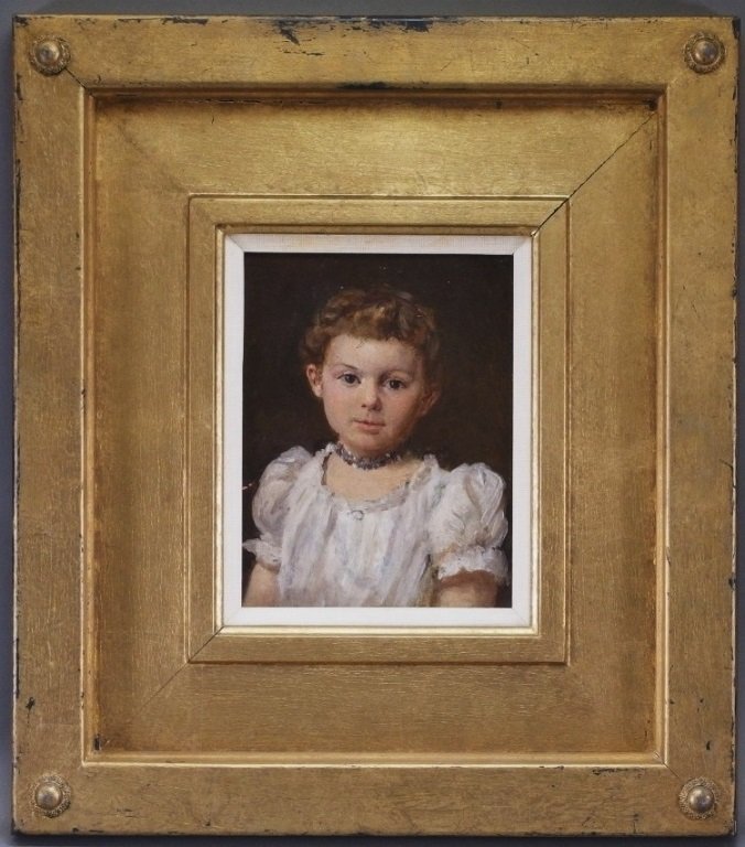Horace R. Burdick Portrait Painting of Young Girl: RHODE ISLAND/ MASSACHUSETTS/ CONNETICUT, 1844-1942 A beautifully executed portrait of a young girl painted by Horace R. Burdick. The child is portrayed in a white gown with multicolored choker necklac