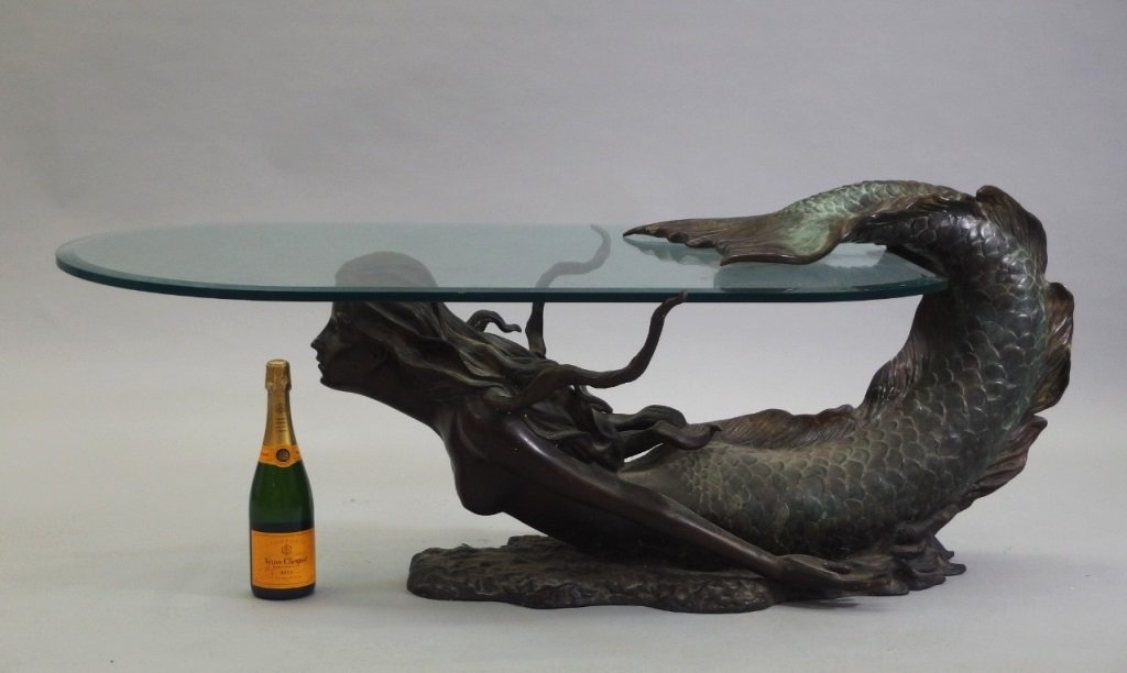 4 life size bronze mermaid & glass coffee table 4 life size bronze mermaid & glass coffee table