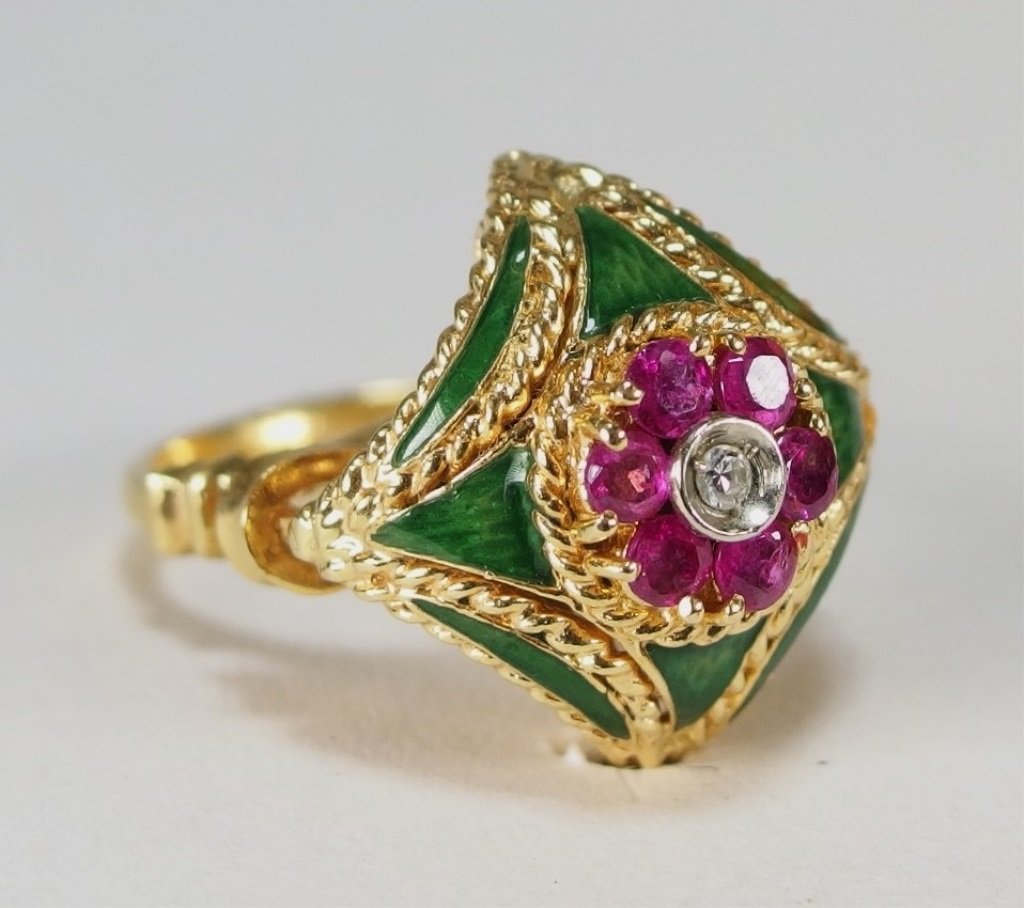 18KT Ruby Diamond Enamel Ladies Cocktail Ring (1 of 5)