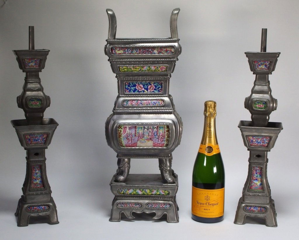 3 Piece Pewter Enamel Candlestick Altar Set (1 of 8)