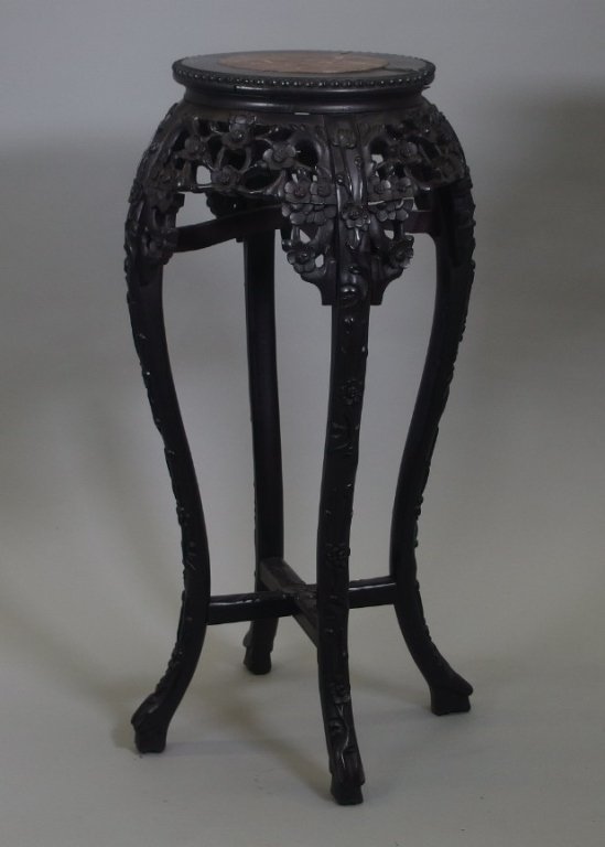 Chinese Carved Hardwood Marble Top Pedestal Table (1 of 7)