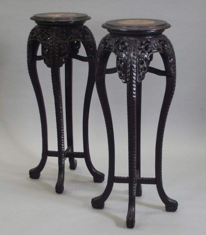 Pr Chinese Carved Hardwood Marble Top Tables (1 of 9)