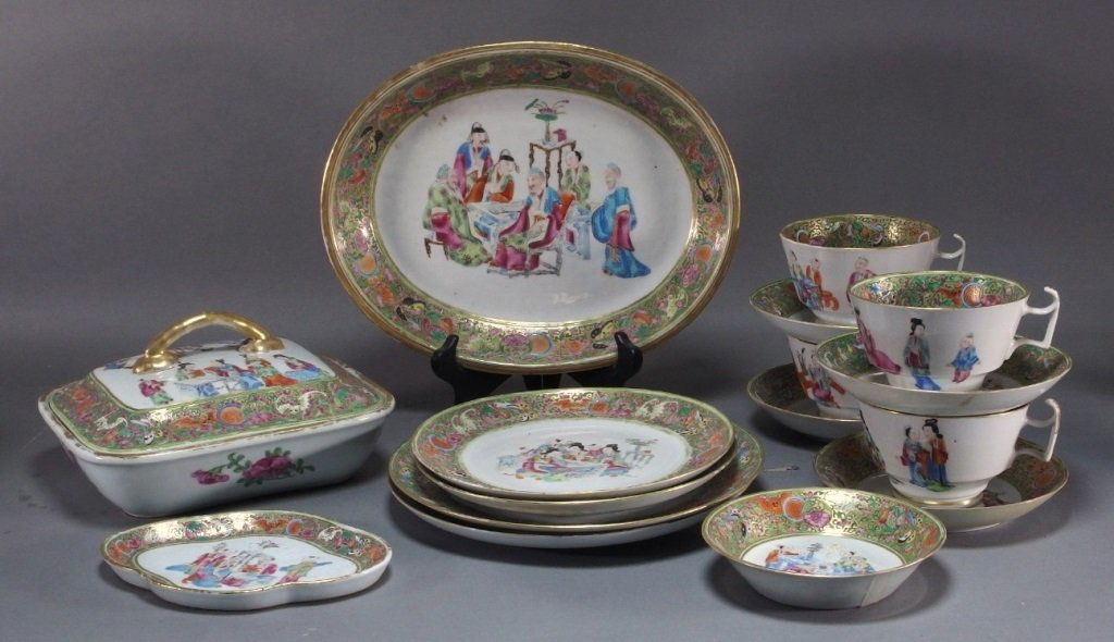 Lot Chinese Rose Medallion Court Scene Patterns: CHINA, 19TH CENTURY A collection of unusual Famile Rose porcelain featuring open field patterns with court scenes and figures surrounded by intricate foliate borders and backs.