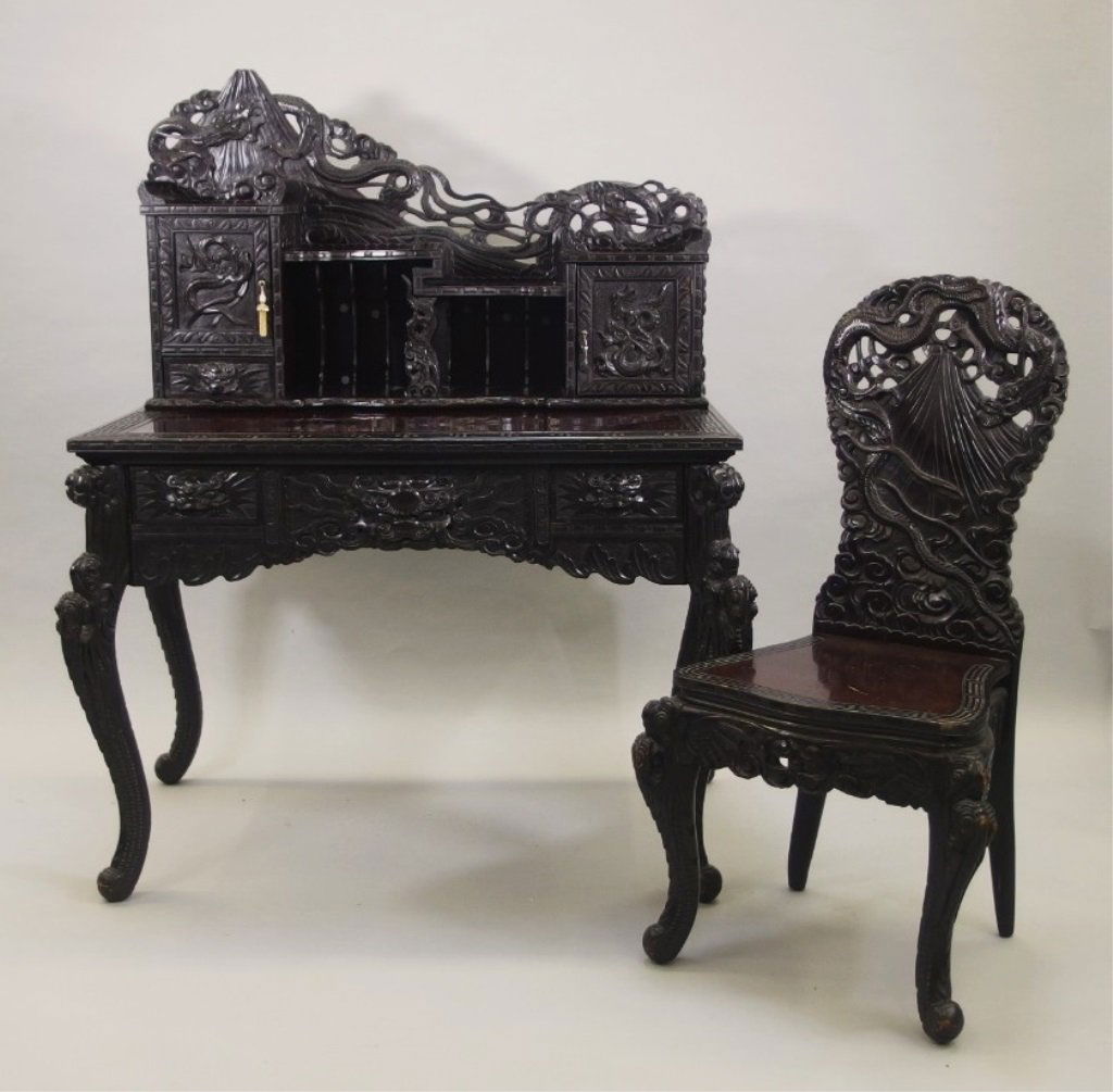 Japanese Carved Hardwood Desk & Chair (1 of 10)