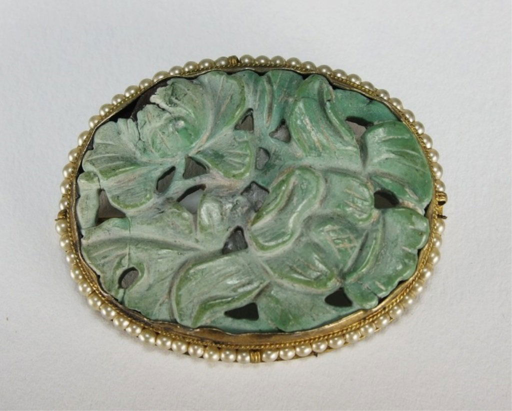 Chinese Carved Turquoise and Pearl Brooch Pin (1 of 5)