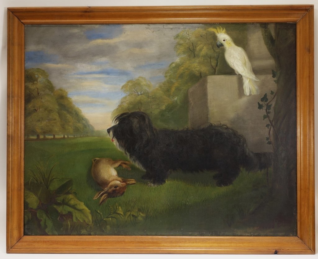 19C. Folk Art Hunting Dog Rabbit Parrot Painting (1 of 9)