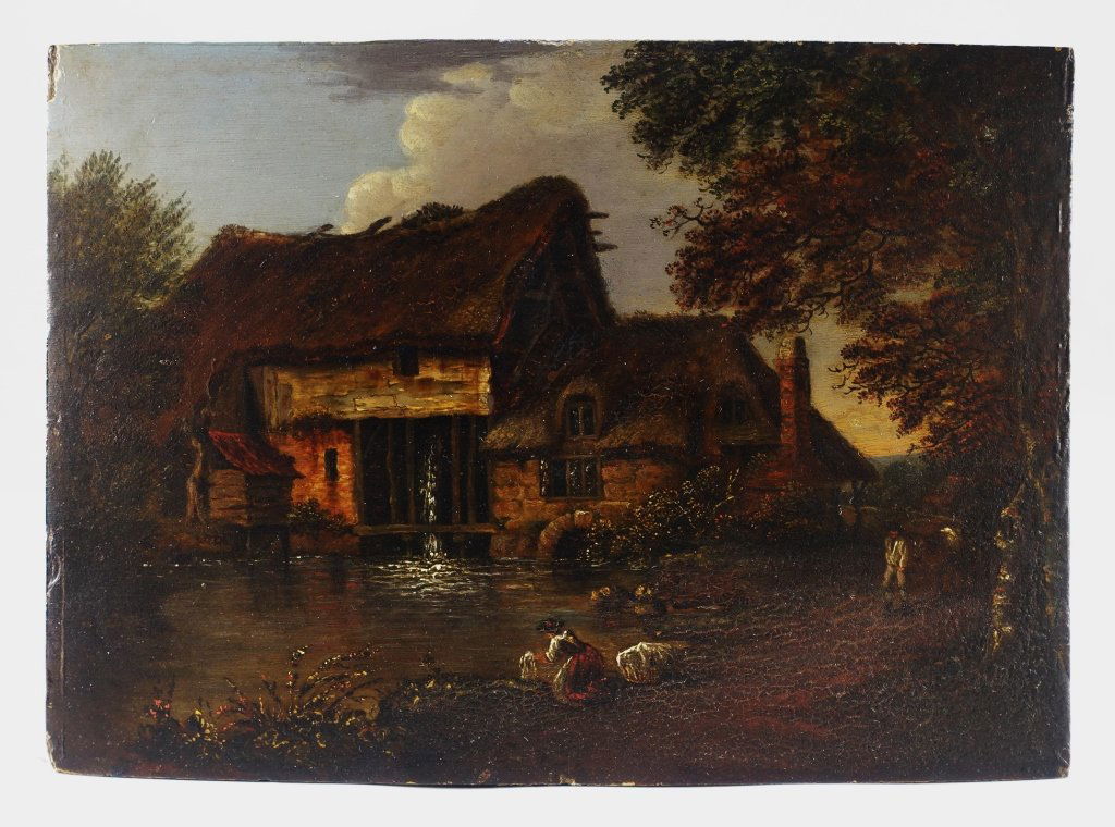 18th Century O/W Farm Scene After John Constable: ENGLAND, LATE 18TH CENTURY A fine oil on wood panel painting of a farm scene in the manner of John Constable. Done in true Romanticist style, the scene shows a woman washing clothes in the foreground