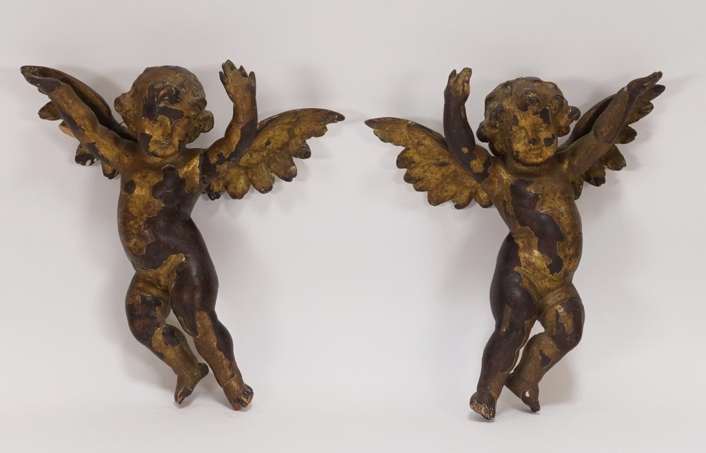 Pair Italian Carved Gilt Wood Putti Angels (1 of 9)